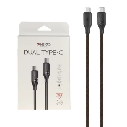 کابل شارژ فست yesido Type-C To Type-C مدل CA175 - مشکی (گارانتی 12 ماه تعویض نیکان همراه)