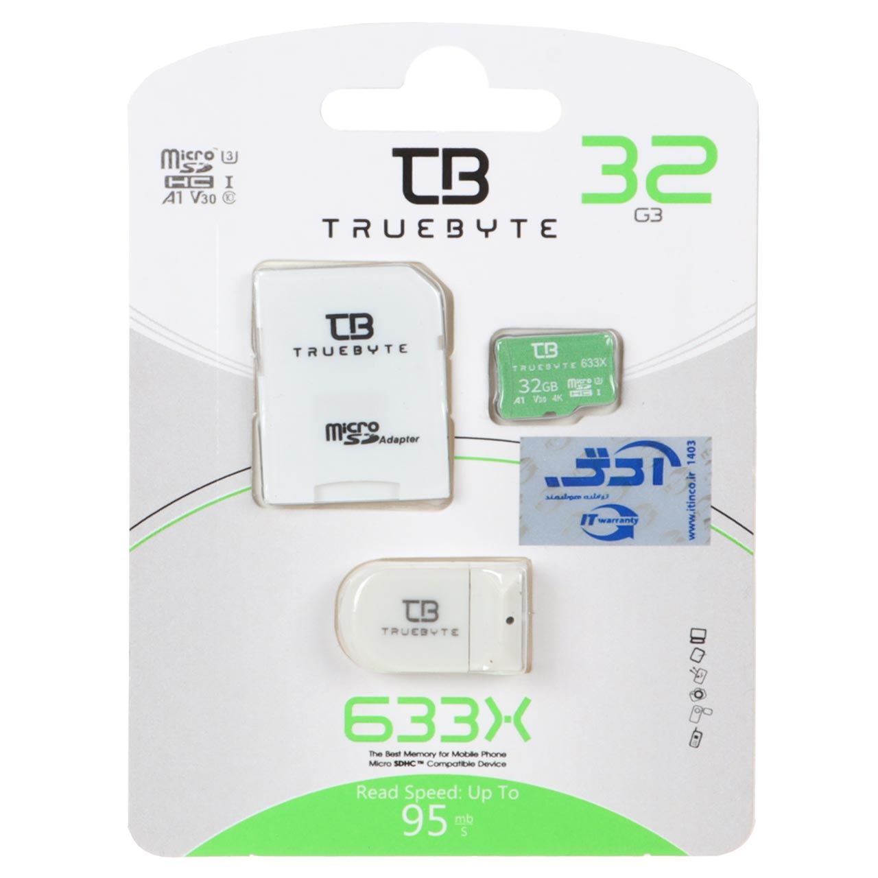 1352966 سفید (گارانتی مادامالعمر شرکت آی تین) TRUEBYTE microSDXC & adapter U3 Class 10 633X -95MB/s - 32GB - تصویر 1