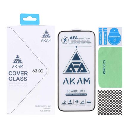 محافظ صفحه نمایش شیشه ای اورجینال Full Cover - AKAM مدل Apple iPhone 15 Pro Max به همراه دستمال و پد سیلیکونی (پک دار)