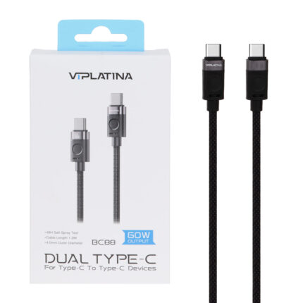 کابل شارژ فست VIPLATINA Type-C To Type-C مدل BC88 60W - مشکی (گارانتی12 ماه تعویض نیکان همراه)