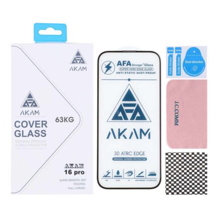 محافظ صفحه نمایش شیشه ای اورجینال Full Cover - AKAM مدل Apple iPhone 17 / iPhone 16 Pro به همراه دستمال و پد سیلیکونی (پک دار)