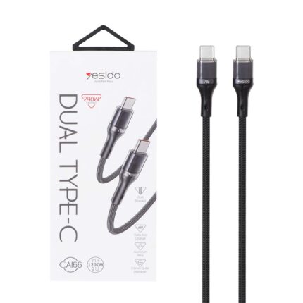 کابل شارژ 1.2 متری PD و فست Yesido Type-C To Type-C مدل CA166 240W - مشکی (گارانتی 12 ماه تعویض نیکان همراه)