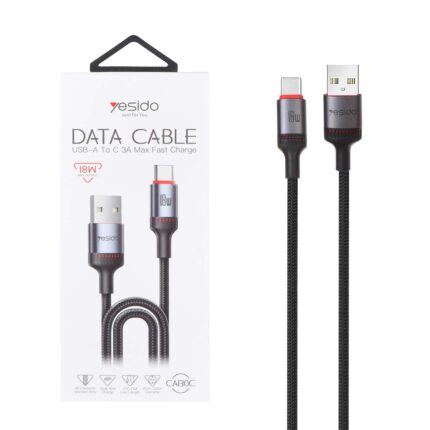 کابل شارژ 2 متری فست Yesido Type-C مدل CA130C 18W - مشکی (گارانتی 12 ماه تعویض نیکان همراه)