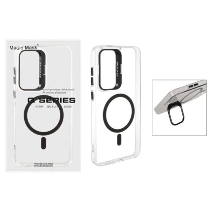 قاب اورجینال Q Series Bracket کریستالی Magsafe لنز استندشو Samsung Galaxy S24 FE - مشکی (پک دار)