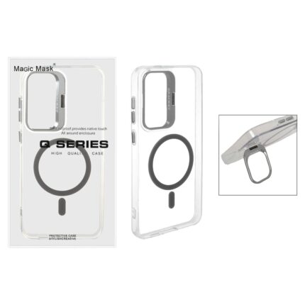 قاب اورجینال Q Series Bracket کریستالی Magsafe لنز استندشو Samsung Galaxy S24 FE - خاکستری (پک دار)