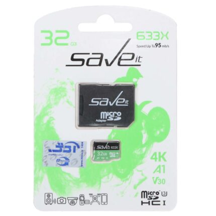 کارت حافظه Save it MICROSDHC مدل 633X کلاس U3 / 10 سرعت 95MB/s ظرفیت 32GB به همراه آداپتور - مشکی سبز (گارانتی مادام العمر شرکت آی تین)