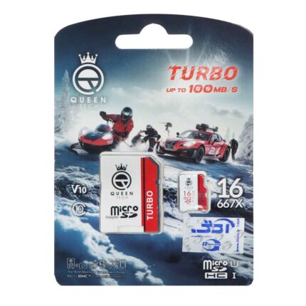 Queen tech Turbo microSDHC & adapter U1 Class 10 667X -100MB/s-16GB سفید قرمز