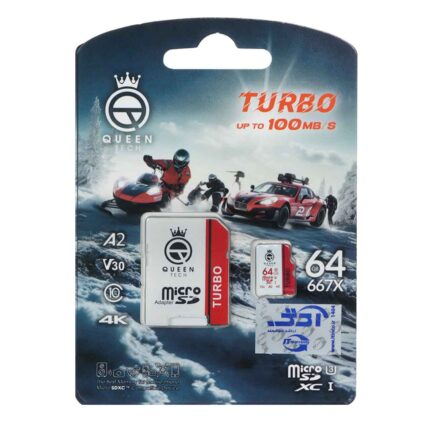 Queen tech Turbo microSDHC & adapter U3 Class 10 667X -100MB/s-64GB سفید قرمز