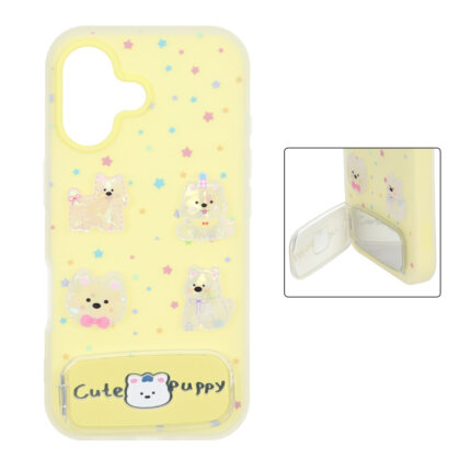قاب Cute Puppy دولایه عروسک برجسته استندشو آینه ای Apple iPhone 16 - زرد