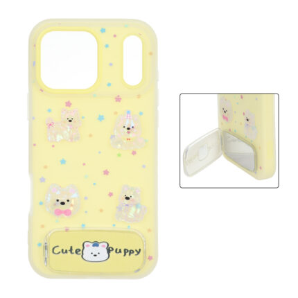 قاب Cute Puppy دولایه عروسک برجسته استندشو آینه ای Apple iPhone 17 Pro Max - زرد