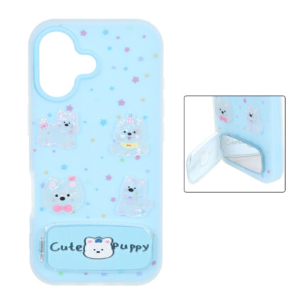 قاب Cute Puppy دولایه عروسک برجسته استندشو آینه ای Apple iPhone 17 - آبی