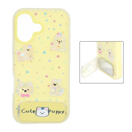 قاب Cute Puppy دولایه عروسک برجسته استندشو آینه ای Apple iPhone 17 - زرد