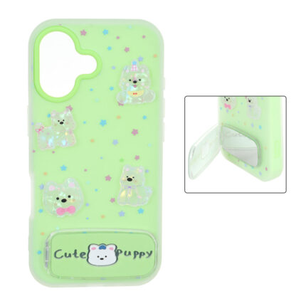 قاب Cute Puppy دولایه عروسک برجسته استندشو آینه ای Apple iPhone 17 - سبز