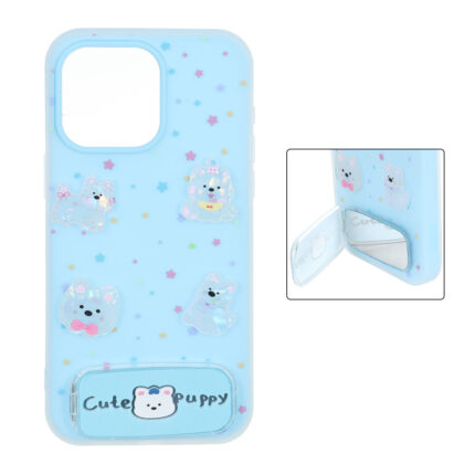 قاب Cute Puppy دولایه عروسک برجسته استندشو آینه ای Apple iPhone 15 Pro Max - آبی