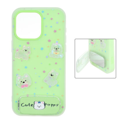 قاب Cute Puppy دولایه عروسک برجسته استندشو آینه ای Apple iPhone 15 Pro Max - سبز