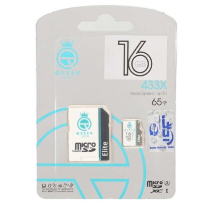 Queen tech microSDXC & adapter U3 Class 10 433X -65MB/s-16GB (گارانتی آی تین) مشکی سفید
