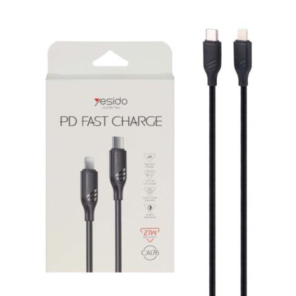 کابل شارژ فست Yesido Type-C to Lightning مدل CA176 27W - مشکی (گارانتی12 ماه تعویض نیکان همراه)