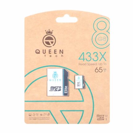 کارت حافظه Queen tech MICROSDHC مدل 433X کلاس U1 / 10 سرعت 65MB/s ظرفیت 8GB به همراه آداپتور - مشکی سفید (گارانتی آی تین)