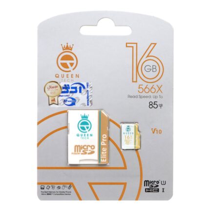 Queen tech microSDHC & adapter U1 Class 10 566X -85MB/s-16GB (گارانتی آی تین) سفید طلایی