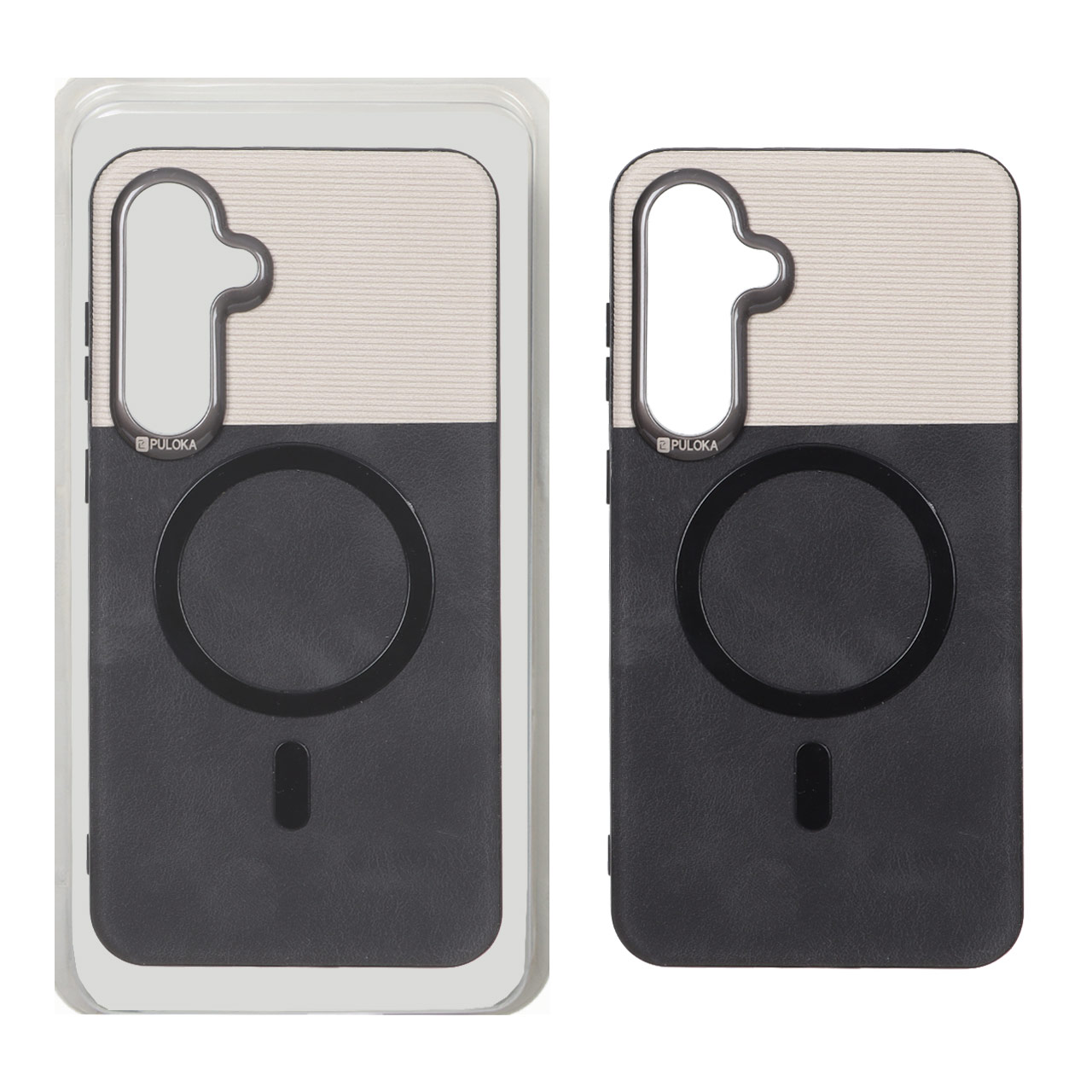 4591662 قاب Puloka دو تکه چرمی کبریتی Magnet فلزی دور لنز براق Samsung Galaxy S24 FE - مشکی (پک دار) - تصویر 1