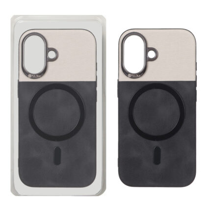 قاب Puloka دو تکه چرمی کبریتی Magnet فلزی دور لنز براق Apple iPhone 16 - مشکی (پک دار)