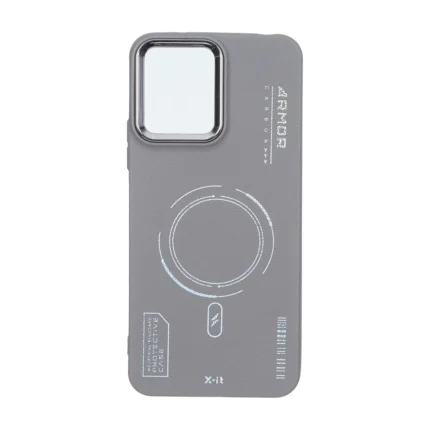قاب Armor لنز متال Texture طرح مگ سیف Xiaomi Redmi 12 / Poco M6 Pro 5G - خاکستری