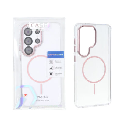 قاب اورجینال Premium Case کریستالی MagSafe لنز فلزی Samsung Galaxy S26 Ultra - صورتی (پک دار)