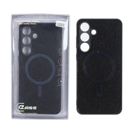 قاب C Case نگین دار MagSafe هولوگرامی محافظ لنزدار Samsung Galaxy S25 FE - مشکی (پک دار)