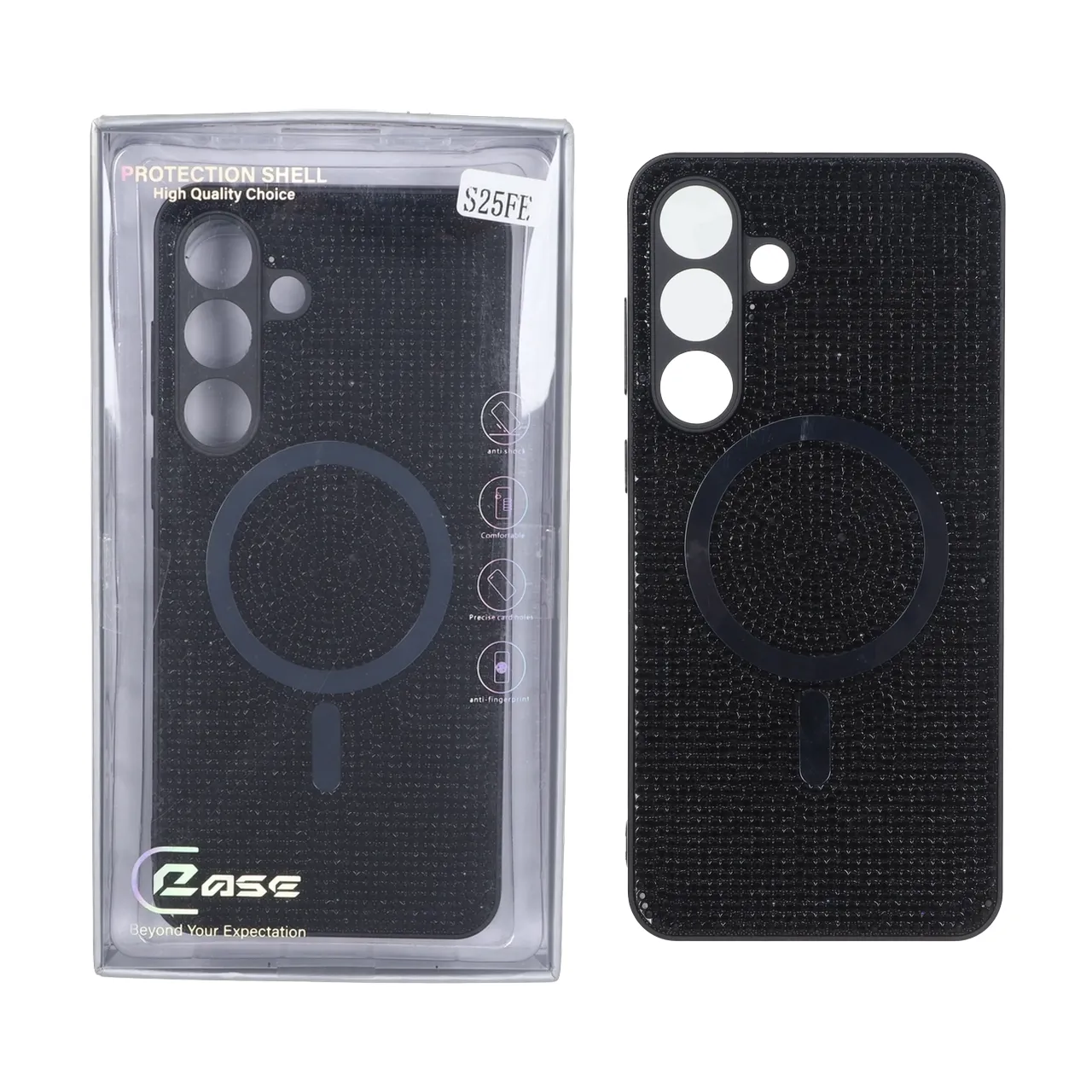 4606560 قاب C Case نگین دار MagSafe هولوگرامی محافظ لنزدار Samsung Galaxy S25 FE - مشکی (پک دار) - تصویر 1