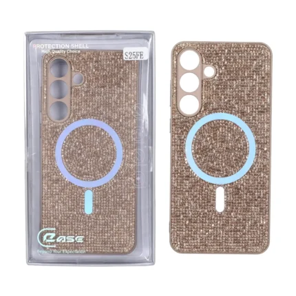 قاب C Case نگین دار MagSafe هولوگرامی محافظ لنزدار Samsung Galaxy S25 FE - قهوه ای (پک دار)