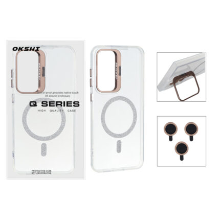 قاب Bracket شفاف Magsafe اکلیلی با ست محافظ لنز رینگی Samsung Galaxy S25 FE - قهوه ای (پک دار)