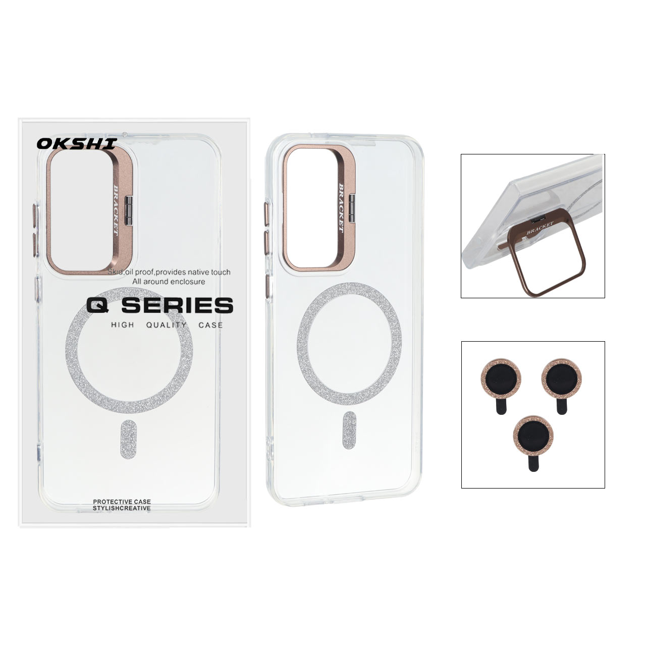 4610870 قاب Bracket شفاف Magsafe اکلیلی با ست محافظ لنز رینگی Samsung Galaxy S25 FE - قهوه ای (پک دار) - تصویر 1