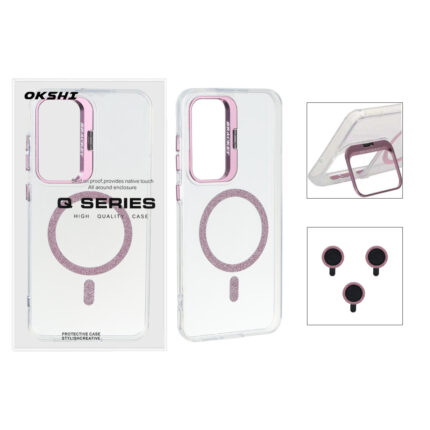 قاب Bracket شفاف Magsafe اکلیلی با ست محافظ لنز رینگی Samsung Galaxy S25 FE - صورتی (پک دار)