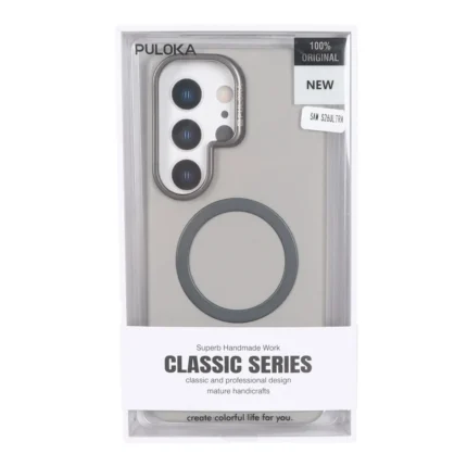 قاب Puloka چرمی Magnet فلزی دور لنز براق Samsung Galaxy S26 Ultra - طوسی (پک دار)