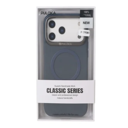 قاب Puloka چرمی Magnet فلزی دور لنز براق Apple iPhone 17 Pro Max - سرمه ای (پک دار)