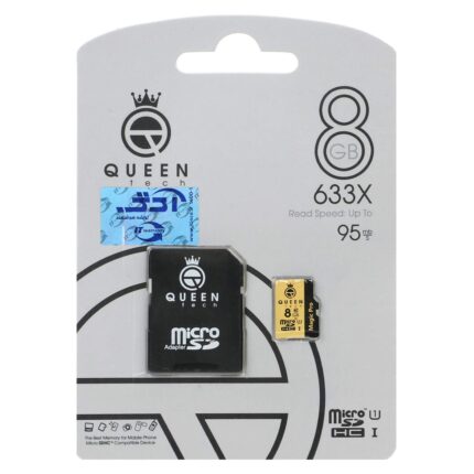 (گارانتی مادام العمر شرکت آی تین) Queen tech microSDHC & adapter U1 Class 10 633X -95MB/s - 8GB مشکی طلایی