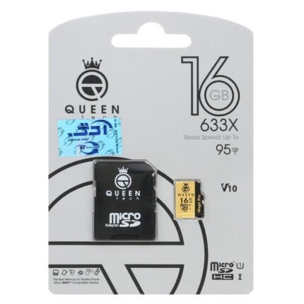 (گارانتی مادام‌العمر شرکت آی تین) Queen tech microSDHC & adapter U1 Class 10 633X -95MB/s - 16GB مشکی طلایی