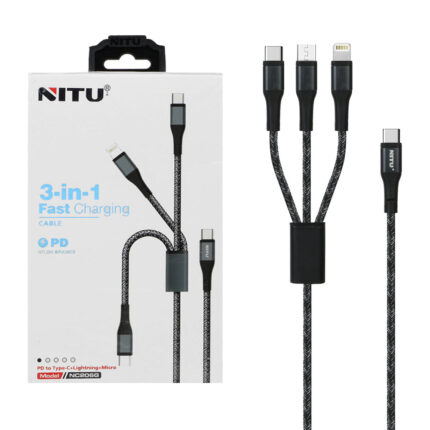 کابل شارژ و دیتا PD و فست 1.2متری سه کاره NITU مدل NC206G - مشکی سفید (گارانتی12 ماه تعویض نیکان همراه)