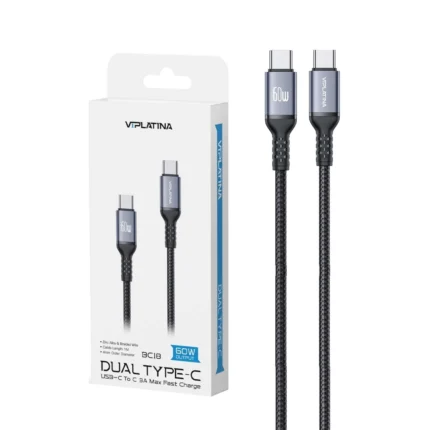 کابل شارژ PD و فست VIPLATINA Type-C To Type-C مدل BC18 60W - مشکی (گارانتی شش ماه تعویض نیکان همراه)