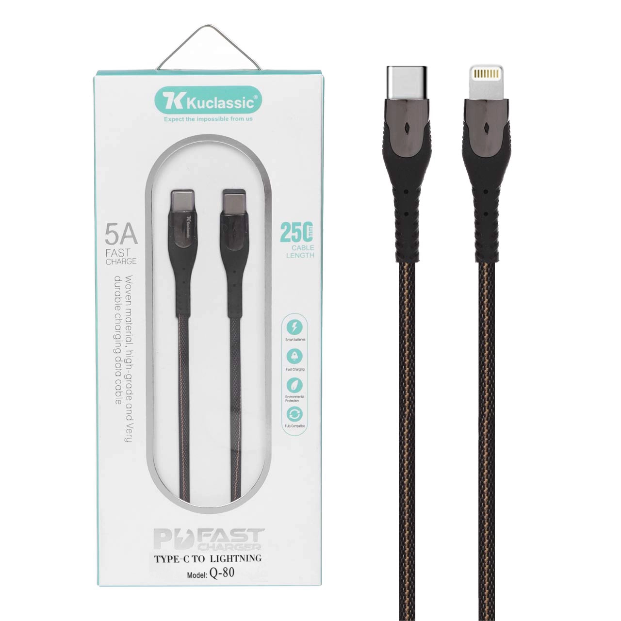 4638020 کابل شارژ PD و فست پاوربانک Kuclassic Type-C To Lightning مدل Q-80 - مشکی - ASP (گارانتی شش ماهه آروین) - تصویر 1